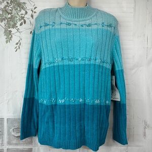 Sarah Bentley Womens Blue Teal Mock Neckline LS Pullover Sweater Top Medium M